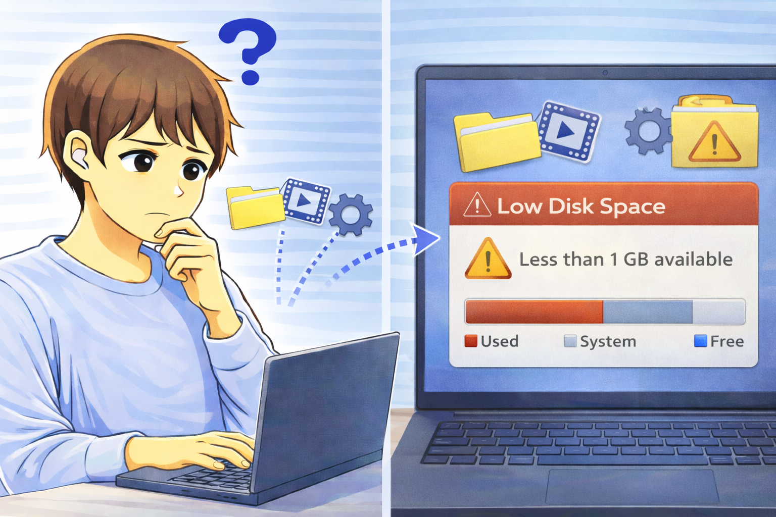 PCの空き容量が少なくなり、大容量ファイルやシステム領域が使用されている状態