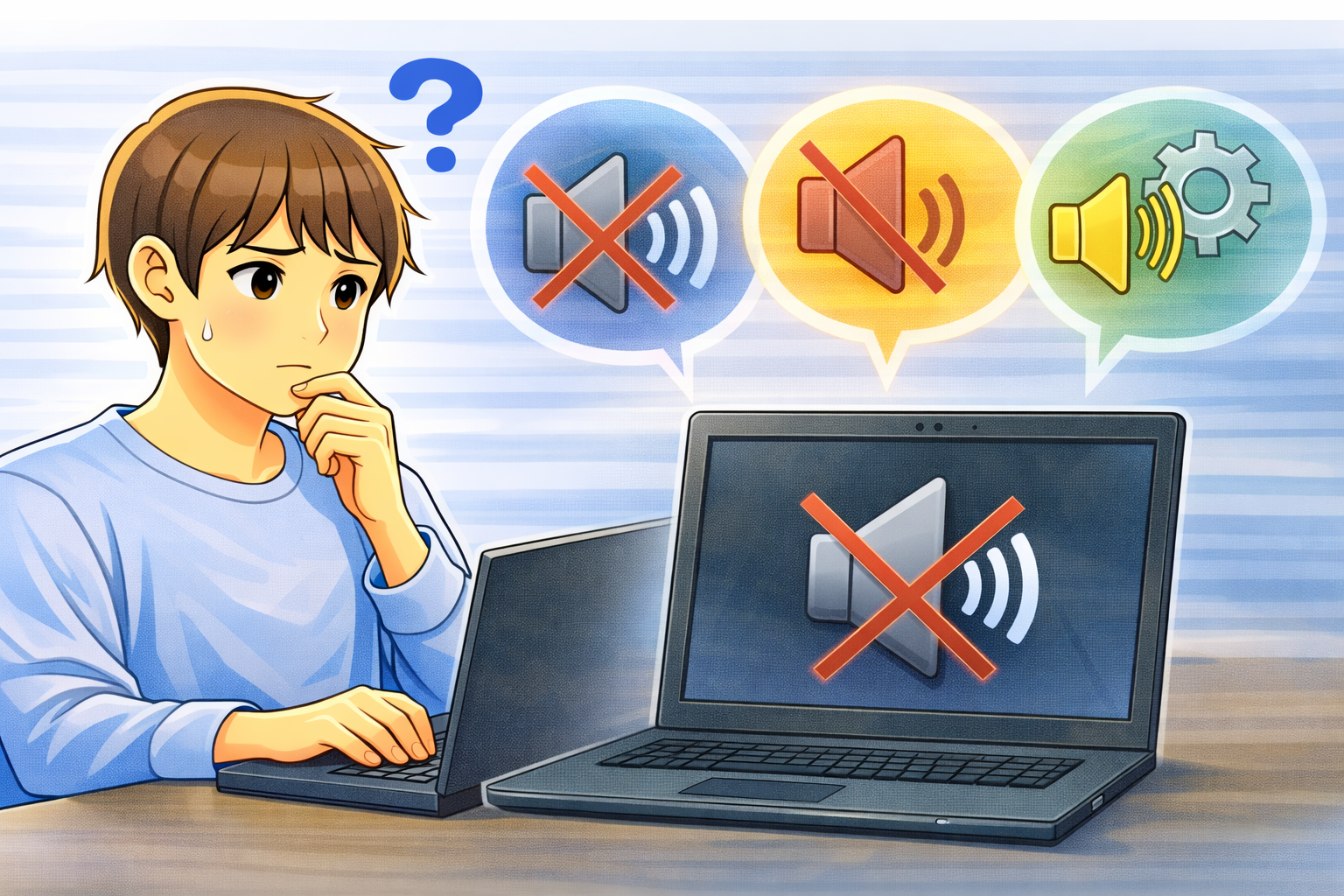 パソコン全体から音が出ず、出力先やミュート設定を確認している様子