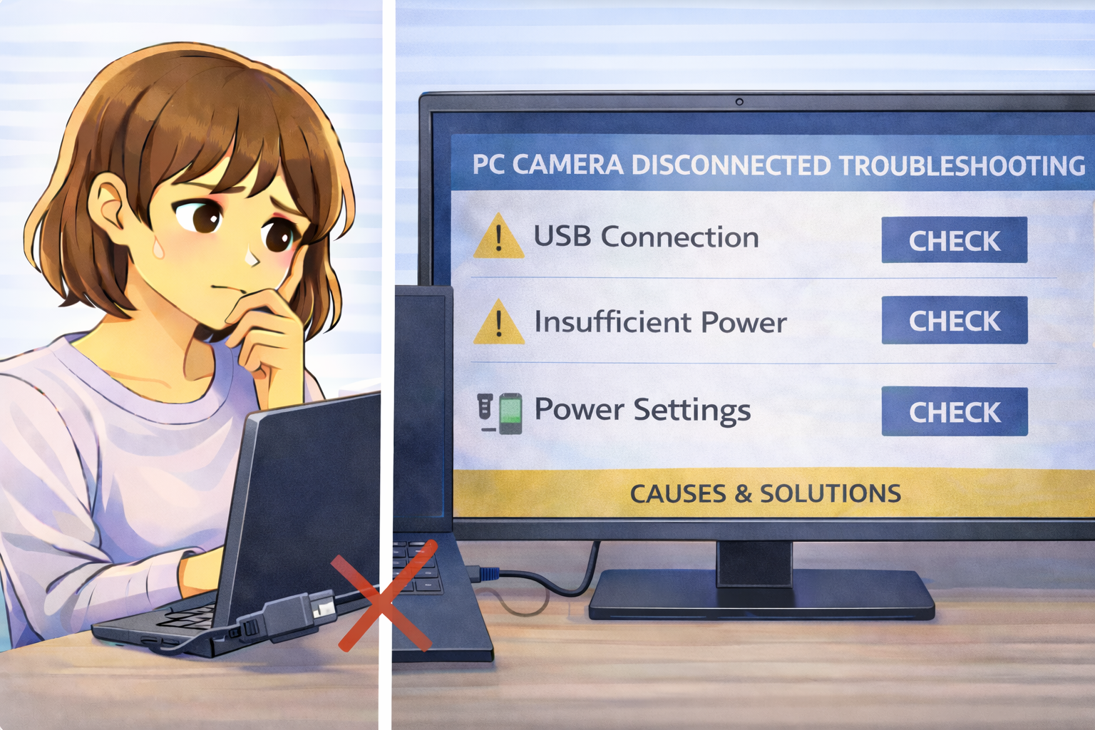 PCカメラが使用中に切断され、USB接続や電力供給、省電力設定を確認している様子のイラスト