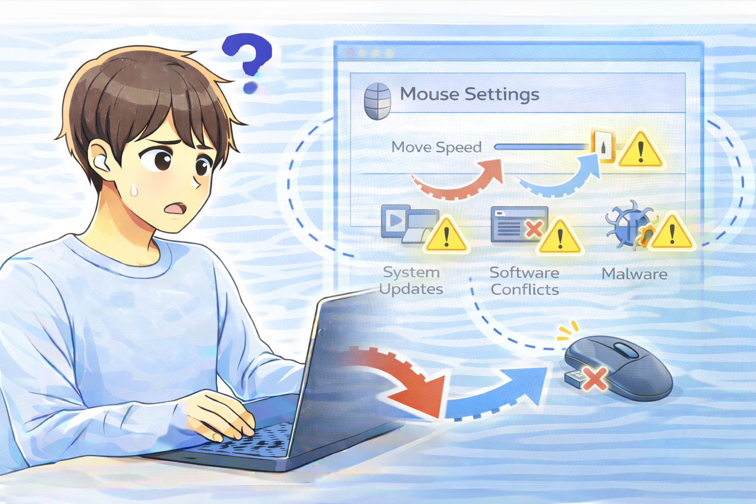 ノートPC使用中にマウスの感度設定が勝手に変わっている状況を確認している人物と、ポインター速度設定に関する画面イメージ