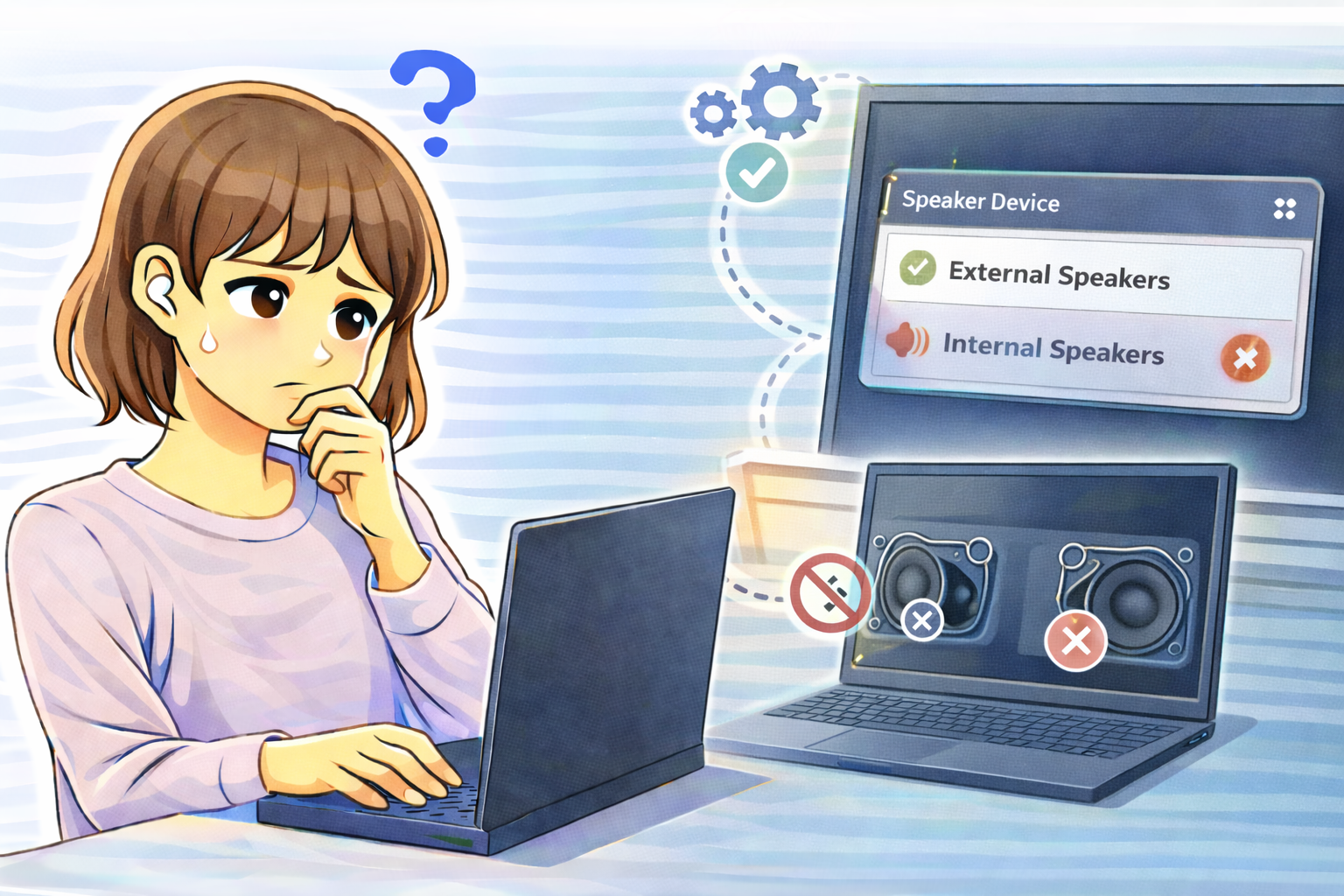 パソコンの内蔵スピーカーから音が出ず、出力デバイス設定を確認しながら原因を考えている女性のイラスト