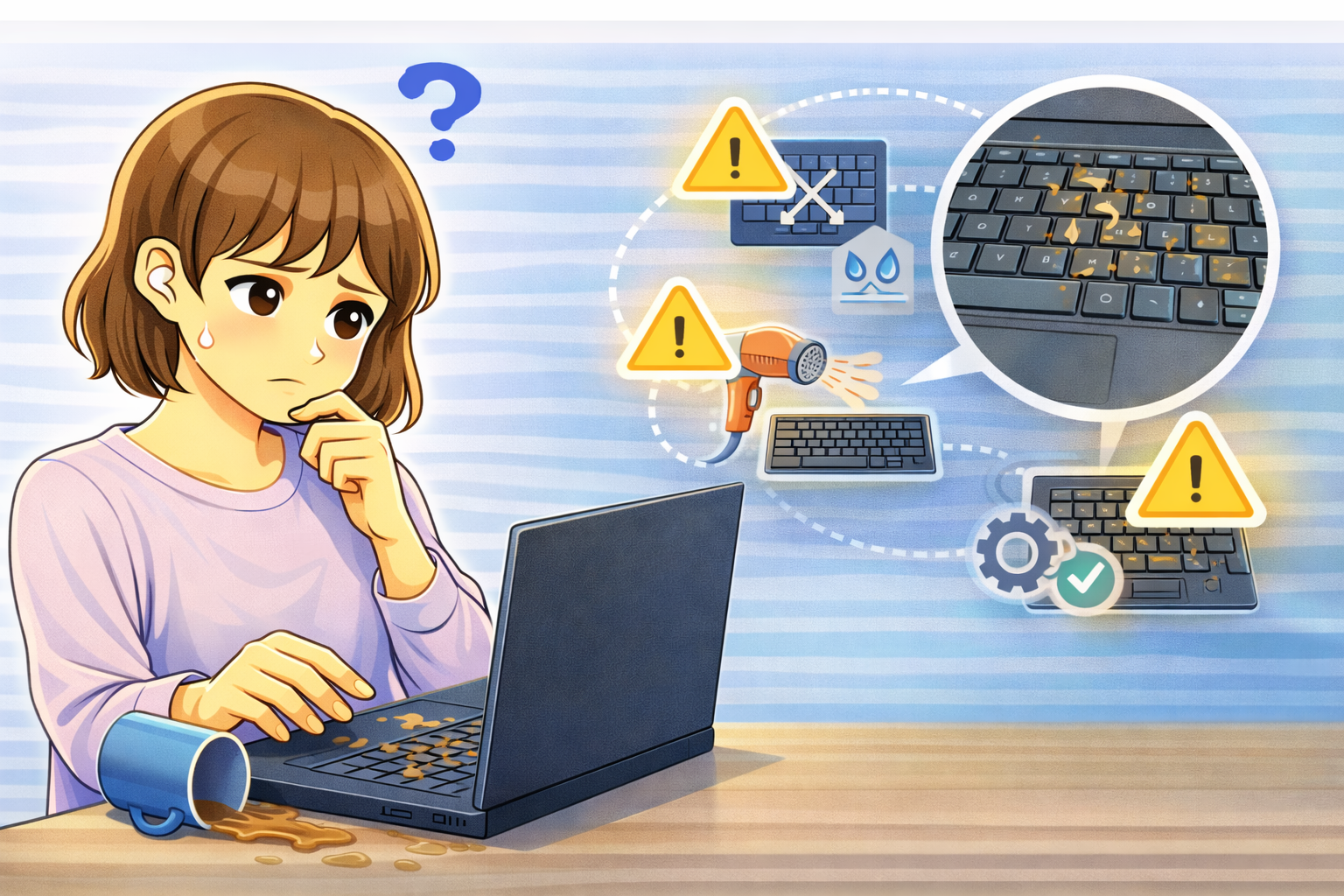 ノートパソコンのキーボードに飲み物をこぼした後、入力できず原因や対処を考えている女性と乾燥や確認作業を示すイラスト