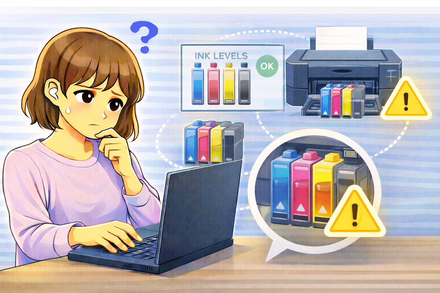 インク残量は表示上十分あるのに印刷できず、プリンターとインクカートリッジの状態を確認している女性を描いたイラスト
