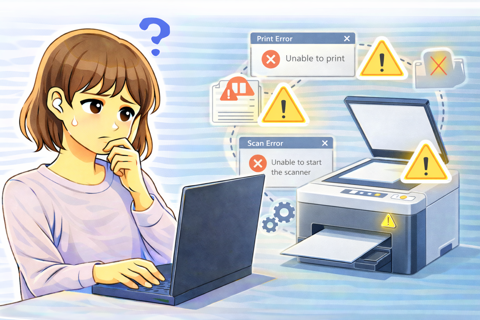 プリンターやスキャナの印刷・スキャンがうまくいかず、パソコン画面のエラー表示を見ながら原因を考えている女性のイラスト