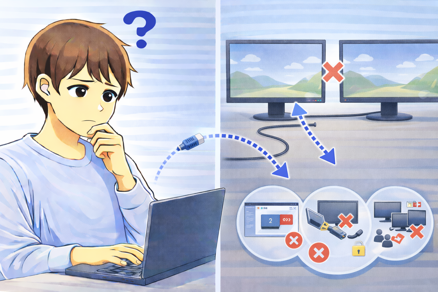 パソコンで画面拡張ができず、ディスプレイ設定や出力制限の確認が必要な状態