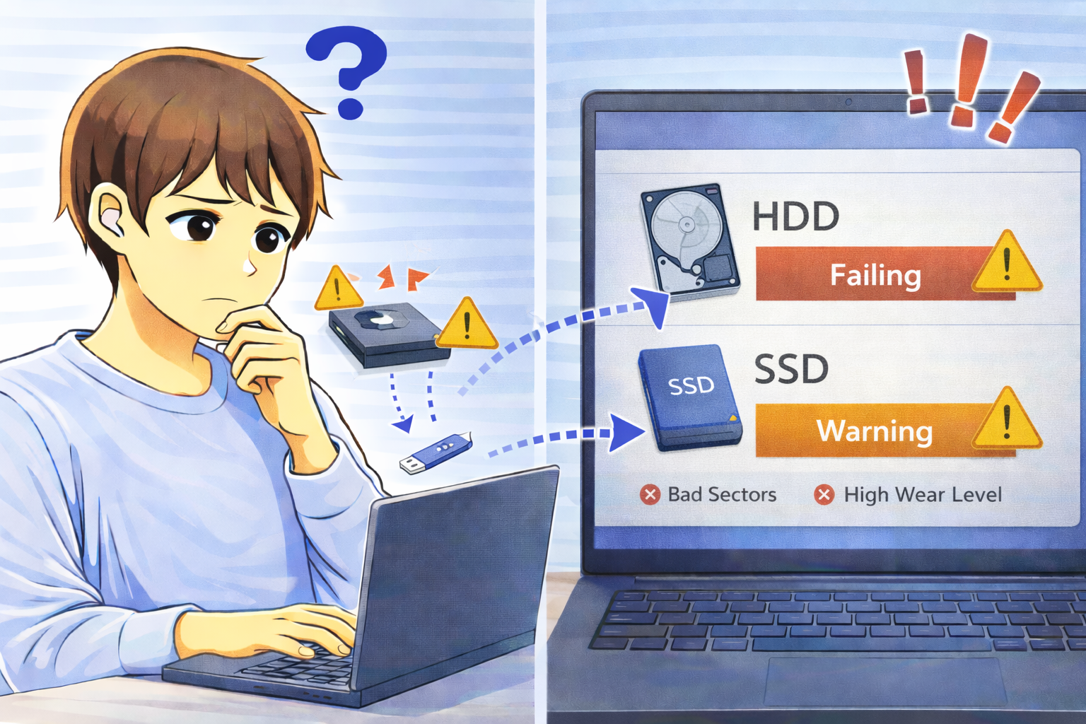 HDDやSSDの健康状態に注意が必要で、ストレージの警告表示が確認できる状態