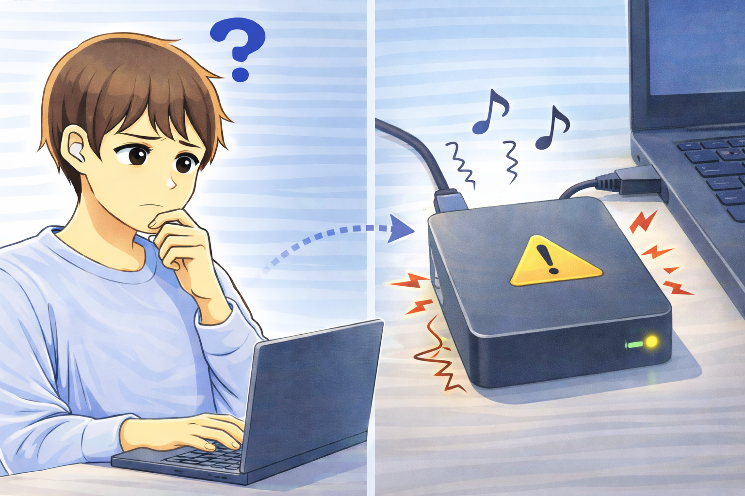 PCに接続したストレージから異音が発生し、注意アイコンが表示されている状態