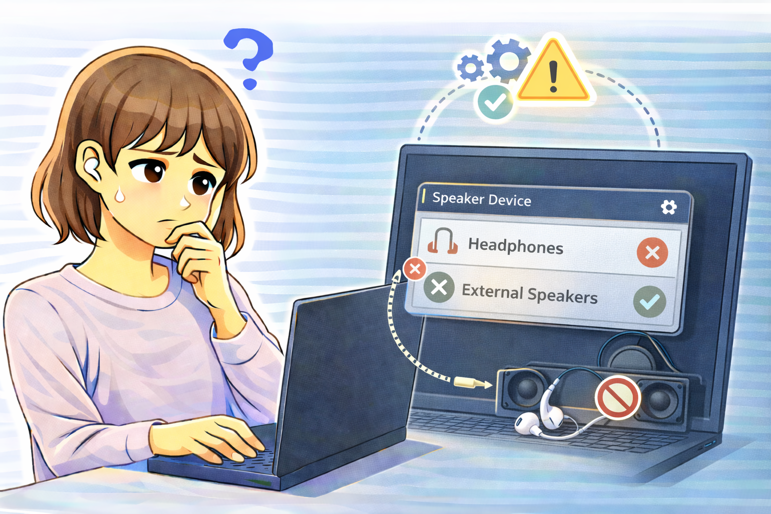 イヤホンを接続しても音声出力が切り替わらず、パソコンの出力デバイス設定を確認しながら原因を考えている女性のイラスト