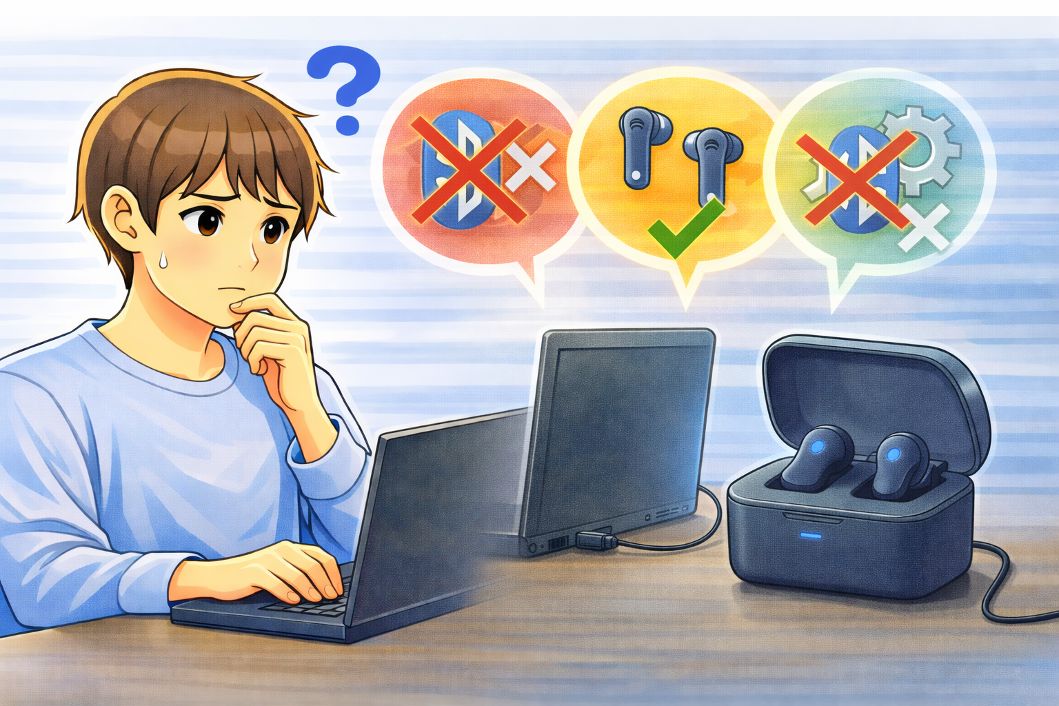 Bluetoothイヤホンが接続できず、ペアリング状態や設定を確認している様子