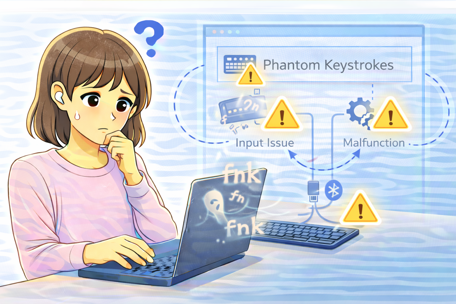 押していないキーが入力される原因を確認しているノートパソコン使用中の女性のイラスト