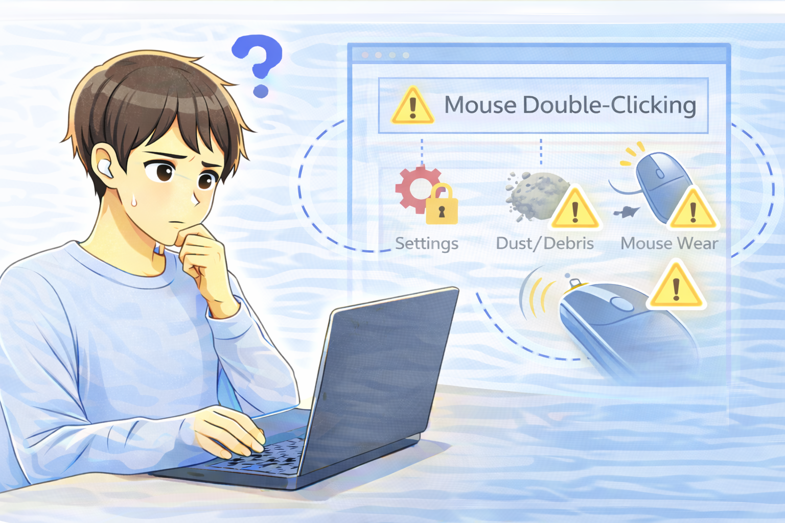 ノートPCを操作中にマウスが意図せずダブルクリックされる状況を確認している人物と、マウス設定や使用環境の問題を示す画面イメージ