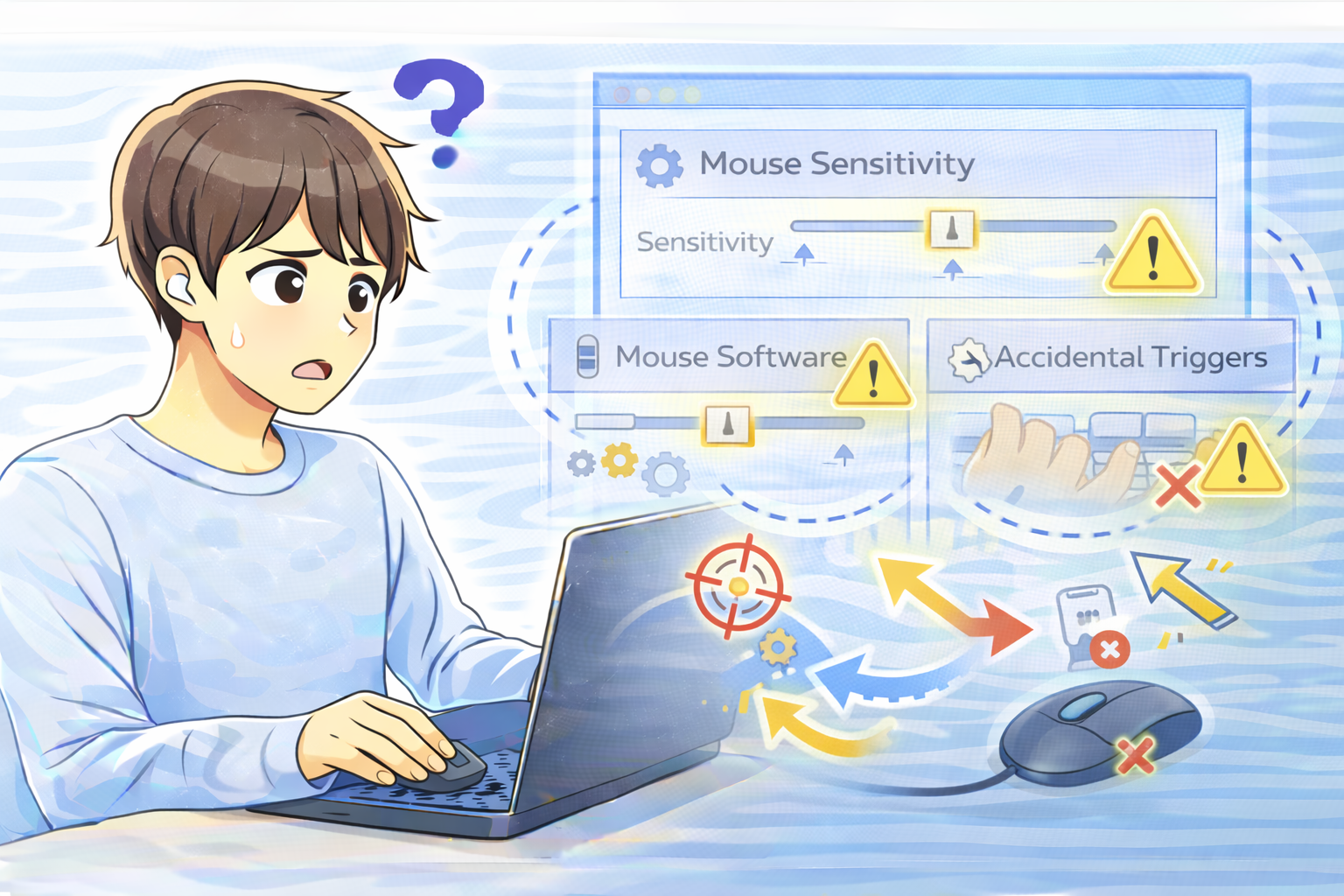 ノートPC使用中にマウス操作で意図しない動作が発生している状況を確認している人物と、感度設定やソフトによる影響を示す画面イメージ