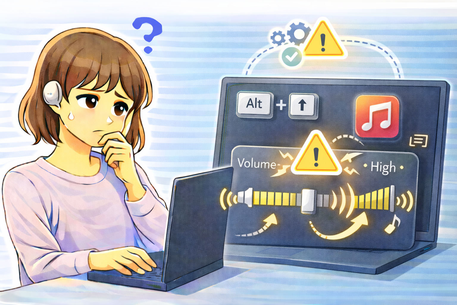 パソコンの音量が自動で変わり、音量スライダーや設定画面を確認しながら原因を考えている女性のイラスト