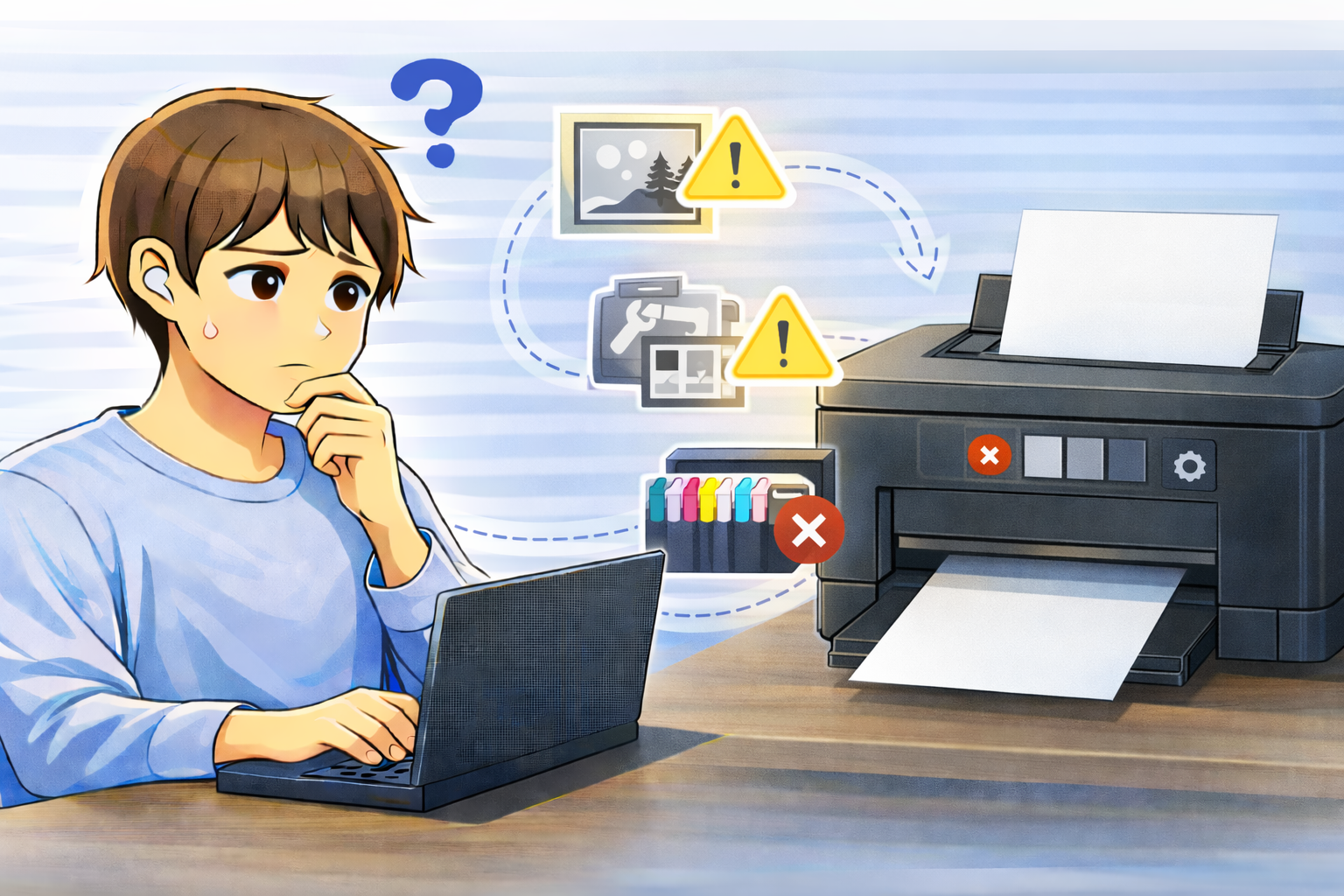 カラー印刷ができず、印刷設定やインクの状態を確認している様子