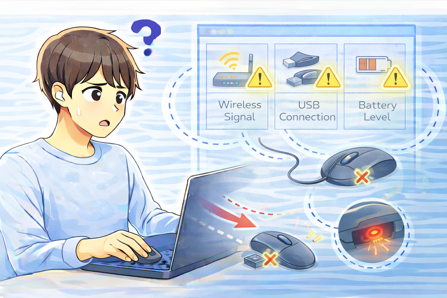 マウスを動かすと途切れるように反応する状況を確認している人物と、無線通信やUSB接続、電池残量の影響を示す画面イメージ