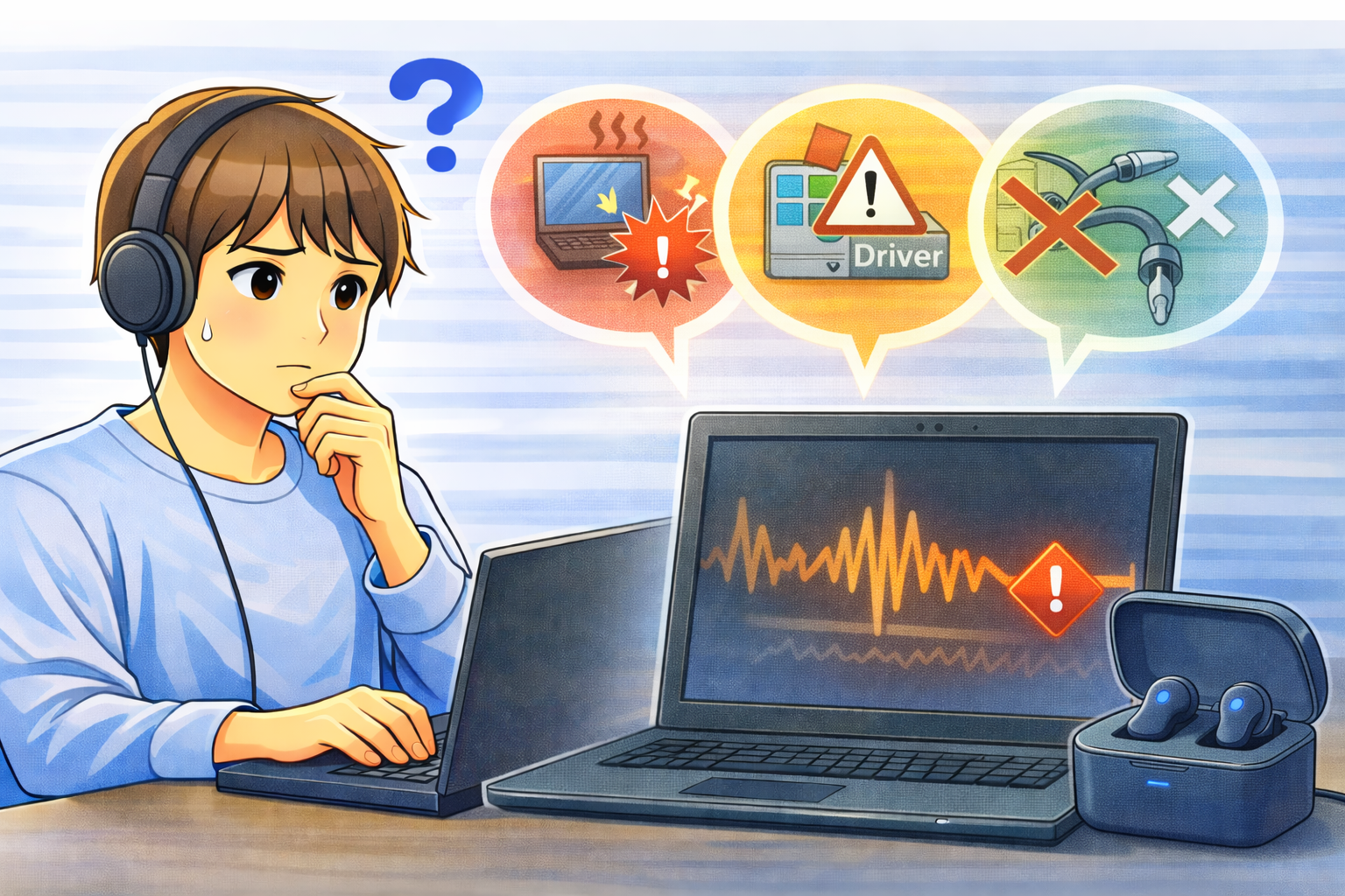 音が途切れたりノイズが入ったりする状態で、負荷や接続設定を確認している様子