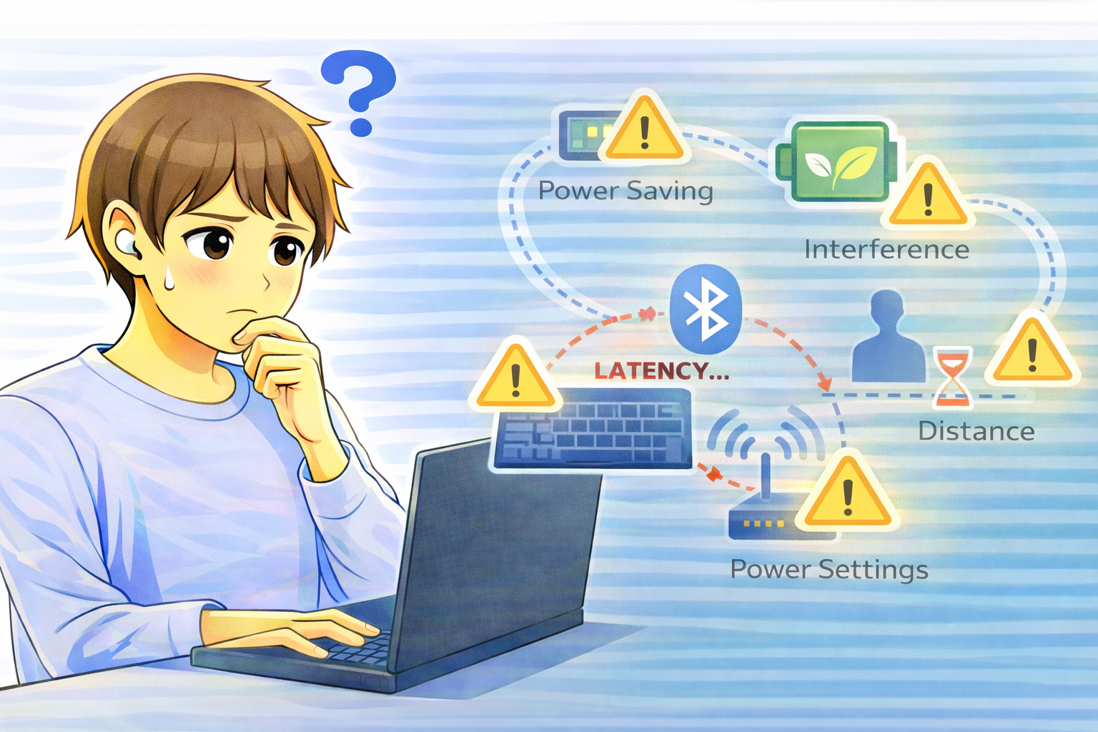 Bluetoothキーボードを使用している利用者が、入力遅延が発生し、省電力設定や電波干渉、使用距離の影響が考えられる状況を示したイラスト