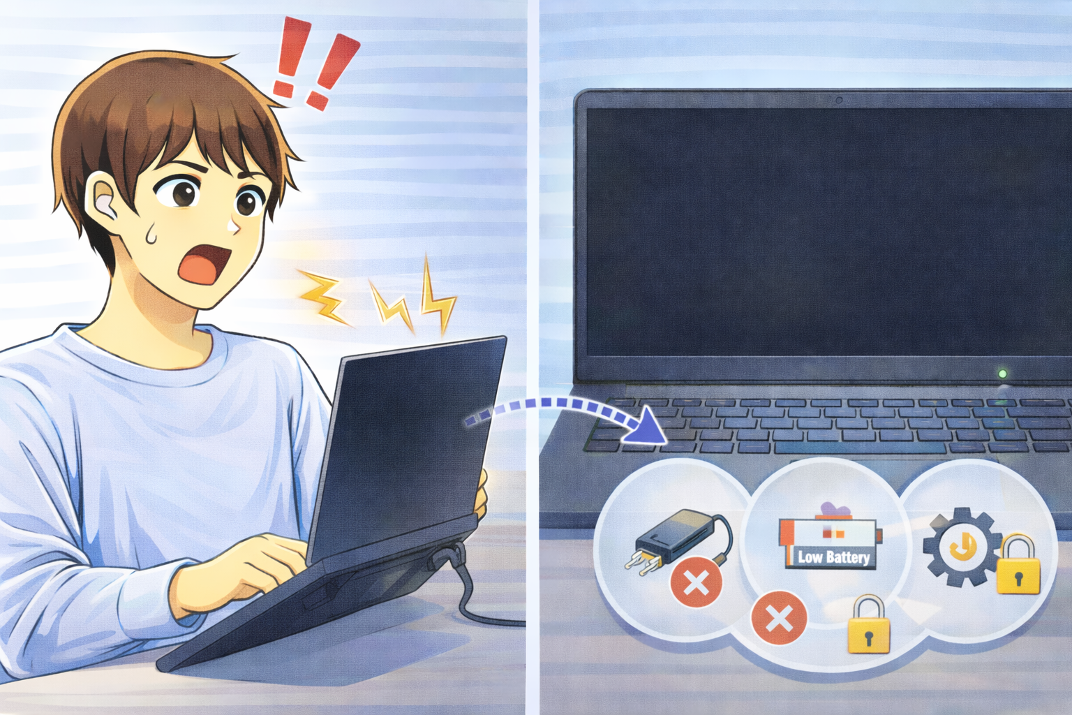 パソコン使用中に画面が消え、電源や省電力、接続状態の確認が必要な状況