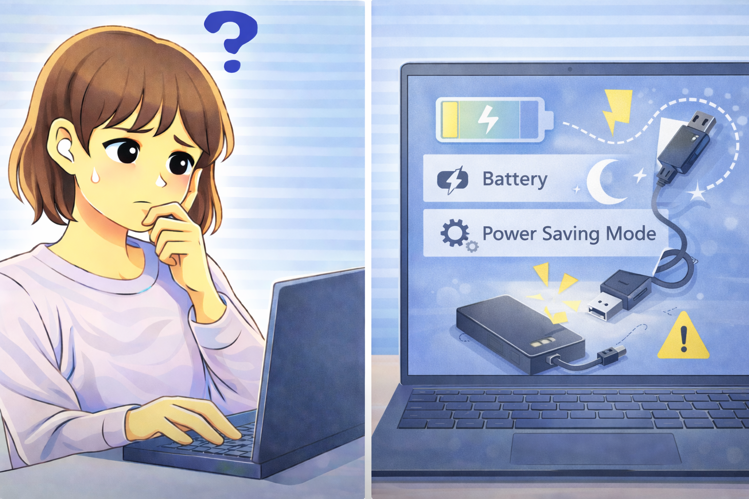 外付けHDDが使用中に切断され、電力供給や省電力設定が影響している可能性を示す様子