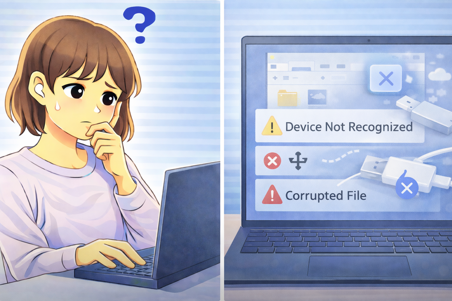 外部ストレージを取り外した後に、パソコンでデバイスが認識されずエラー表示が出ている様子
