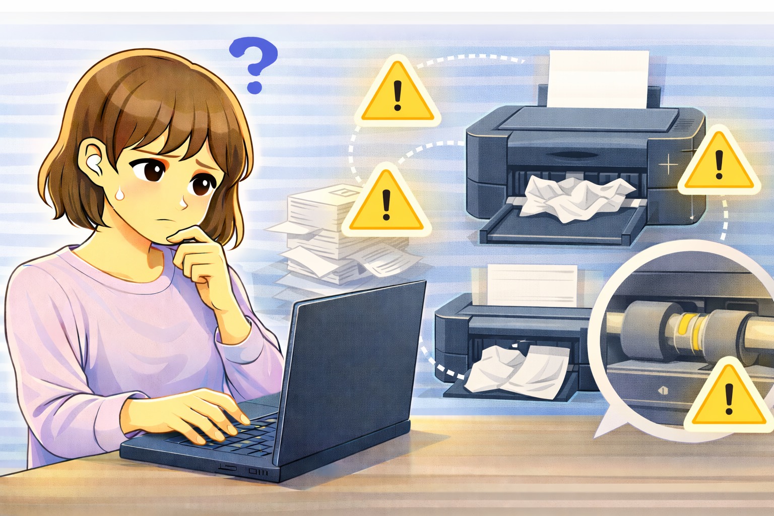 プリンターで用紙詰まりが繰り返し発生し、給紙方法やローラーの状態を確認している女性を描いたイラスト