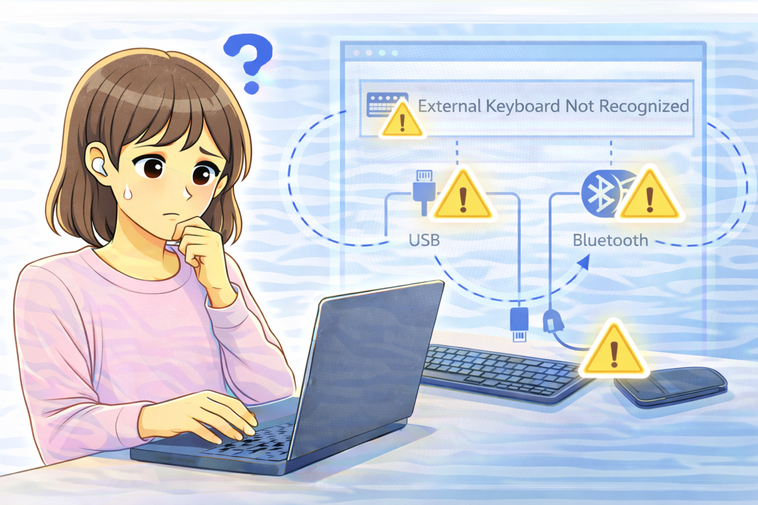 外付けキーボードが認識されない原因を確認しているノートパソコン使用中の女性のイラスト