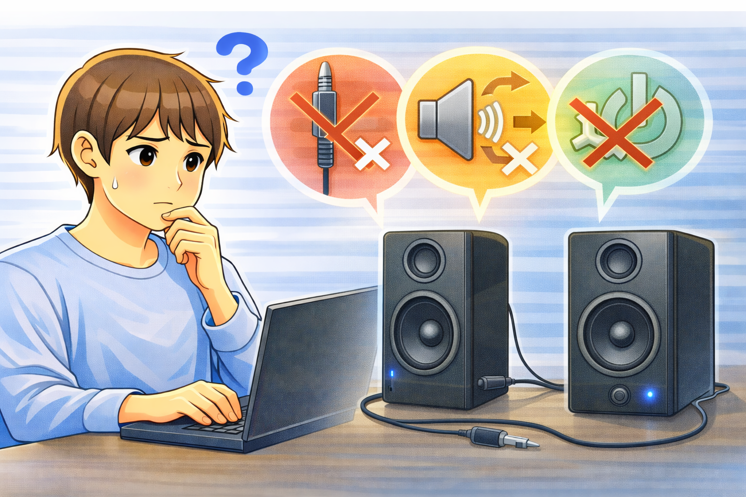 外付けスピーカーを接続しても音が出ず、端子や出力先、電源状態を確認している様子