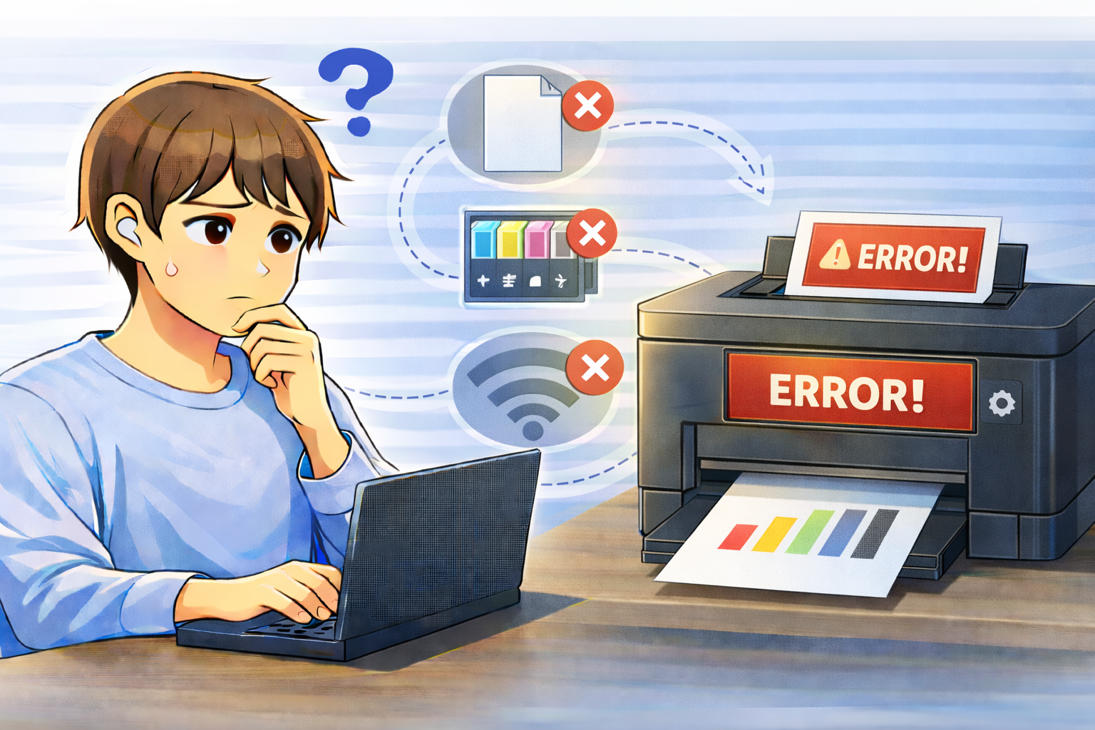 プリンターのエラー表示が繰り返され、用紙やインク、通信状態を確認している様子