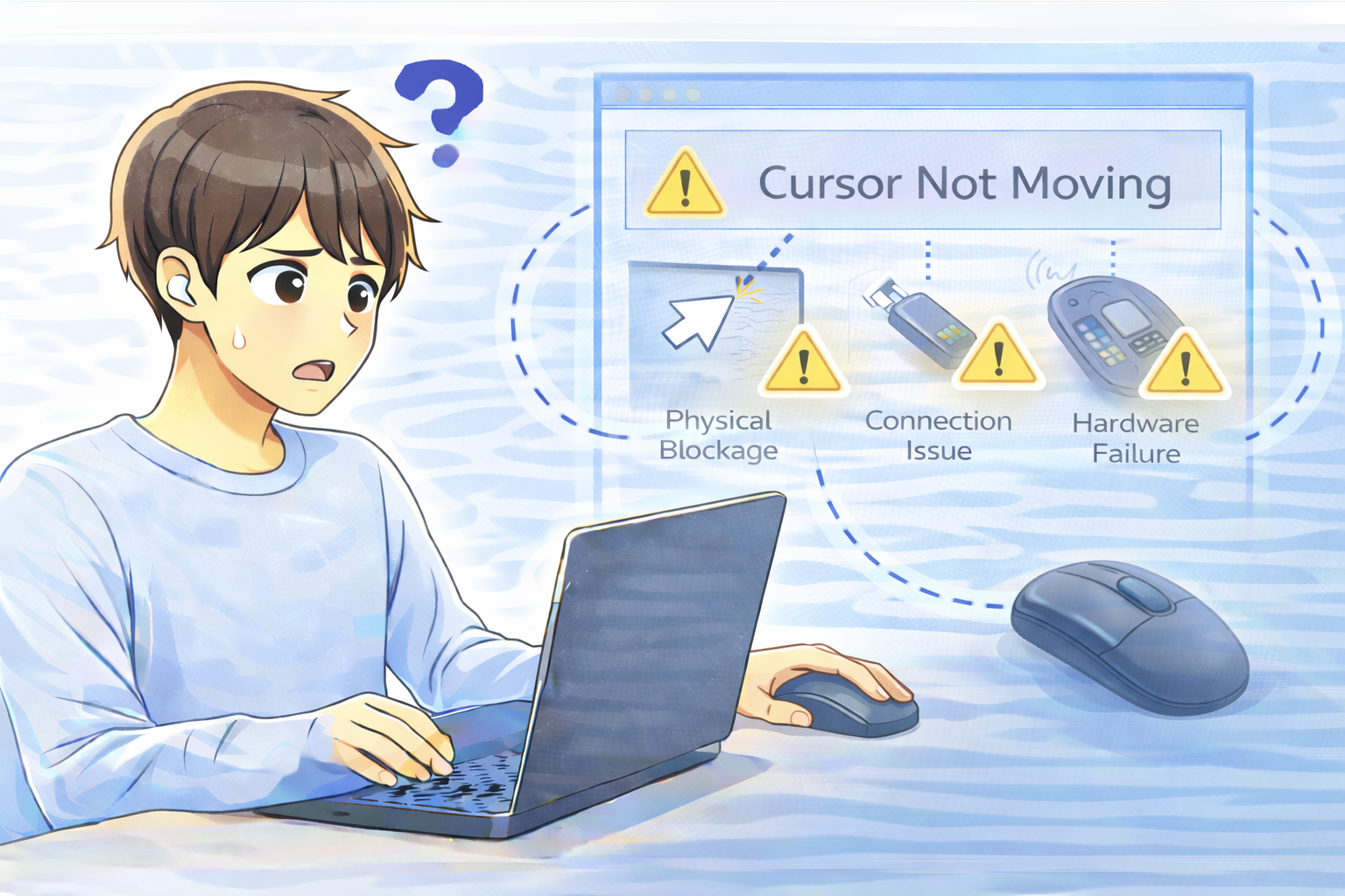 ノートPC使用中にマウスを動かしてもカーソルが全く動かない状況を確認している人物と、接続や物理的な要因を示す画面イメージ