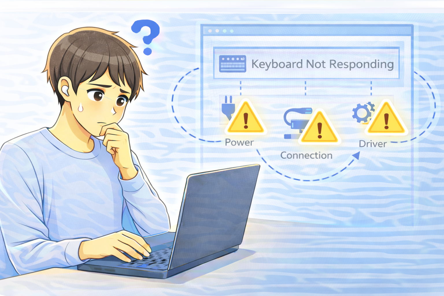 ノートパソコンを操作しながらキーボードが反応しない原因を確認している男性のイラスト