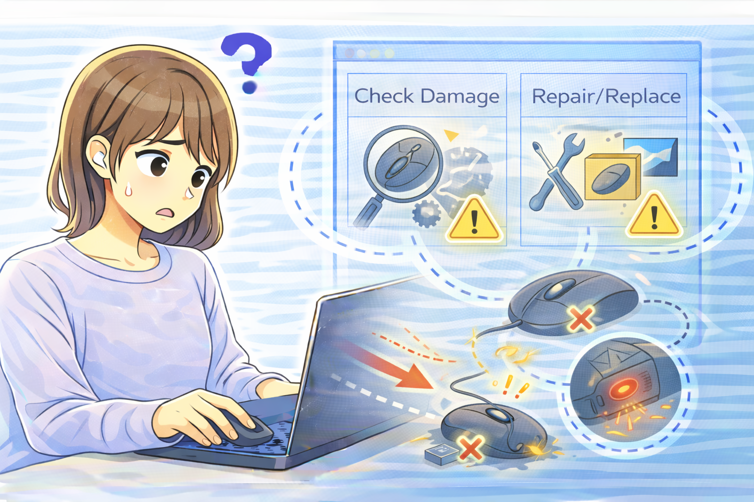 マウスを落下させた後に正常に動かなくなった状況を確認している人物と、衝撃による内部状態の変化を示す画面イメージ