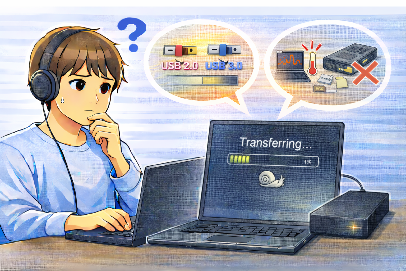 外付けストレージの動作が遅く、接続規格や負荷状態を確認している様子