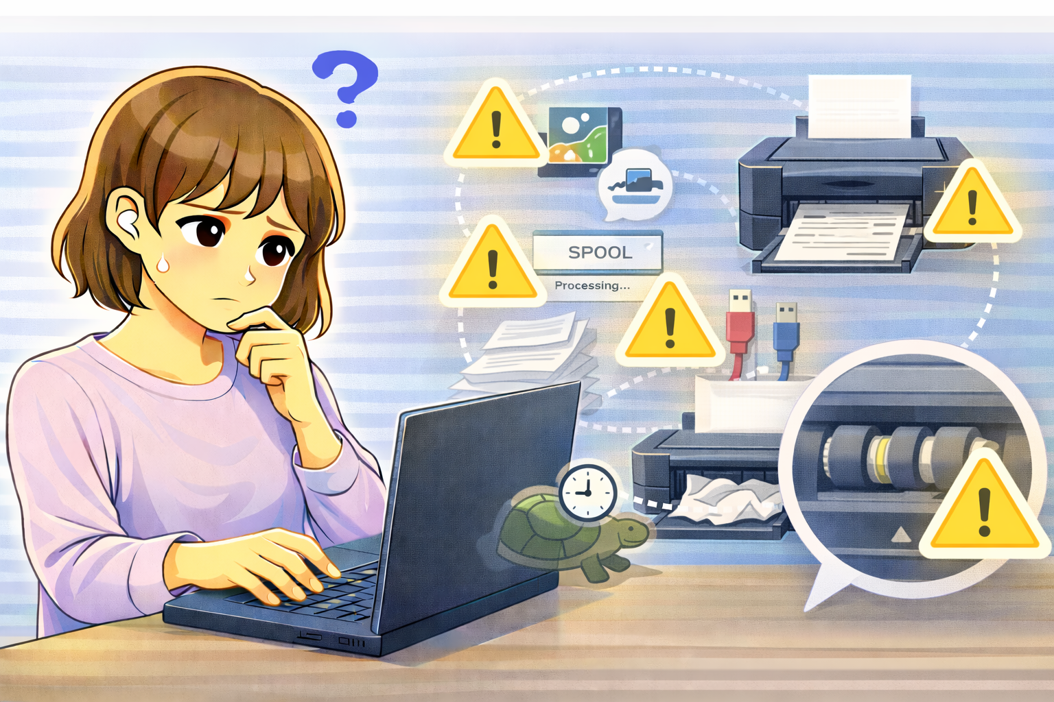 プリンターの印刷速度が極端に遅く、パソコン画面とプリンターの処理状況を確認している女性を描いたイラスト