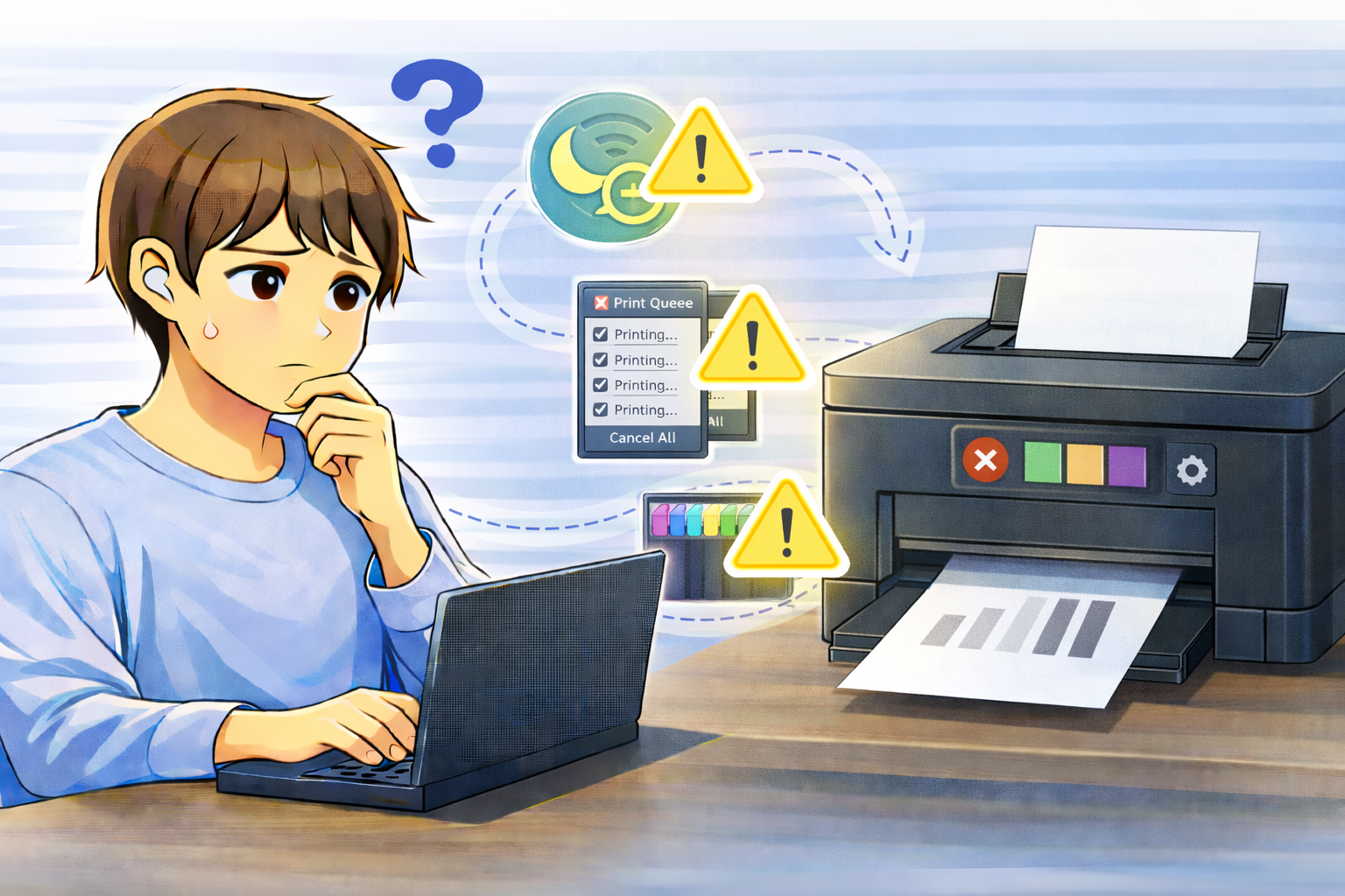 印刷が途中で止まり、通信状態や省電力設定、印刷キューの状況を確認している様子