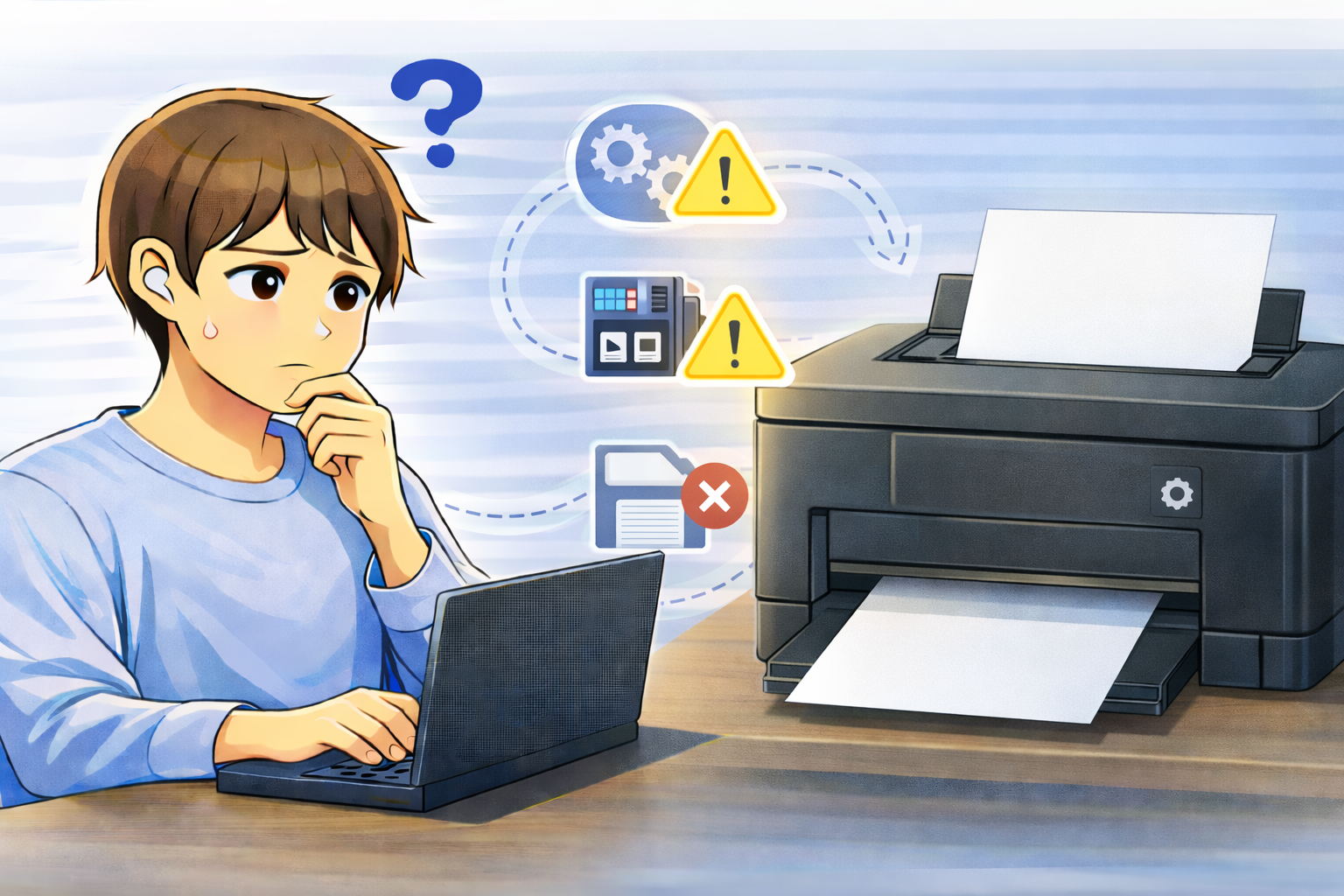 プリンターから白紙が印刷され、設定やヘッド、データの状態を確認している様子