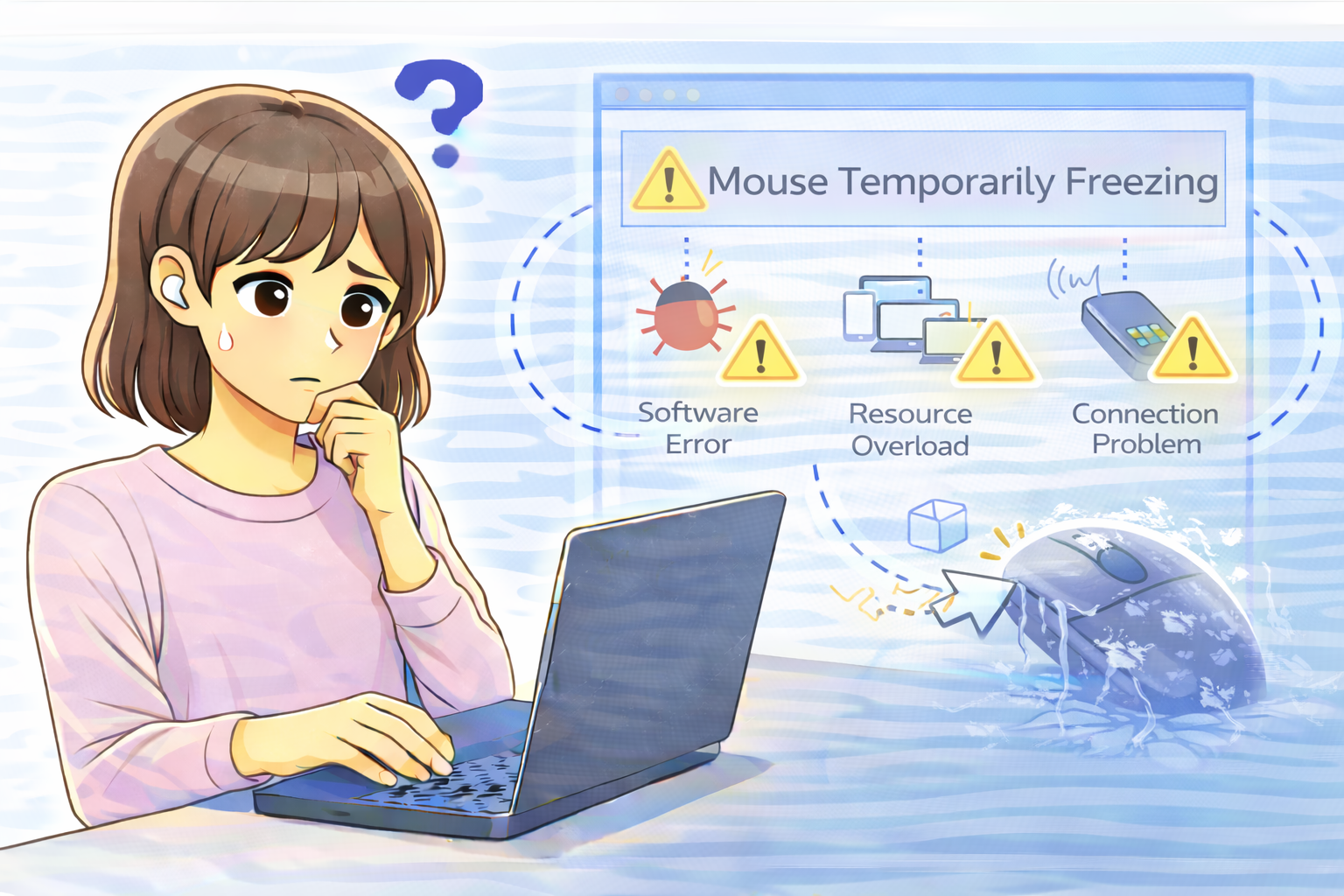ノートPC使用中にマウスが一時的にフリーズして操作できなくなっている状況を確認している人物と、動作停止の要因を示す画面イメージ