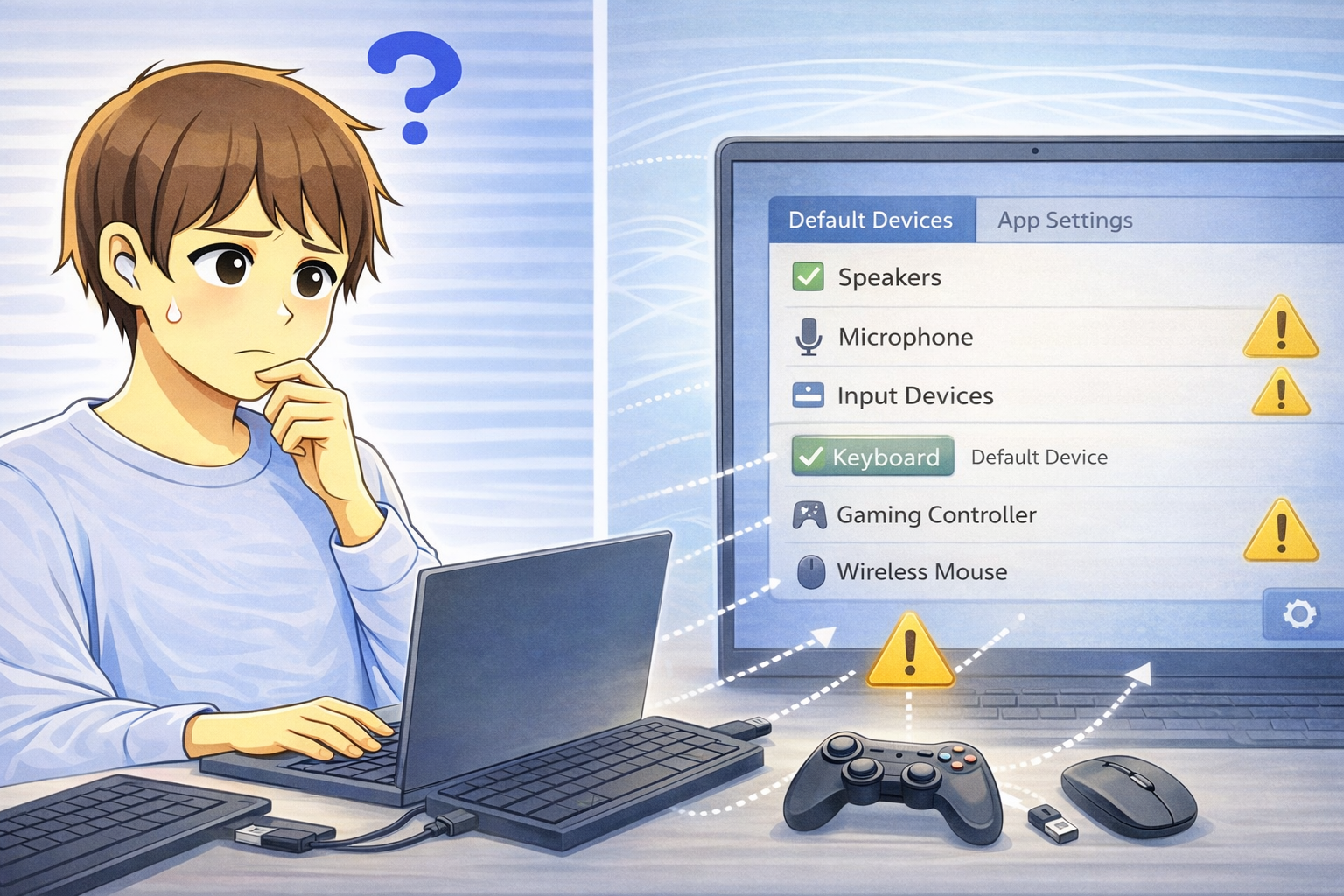 複数の入力機器が接続されたPCで、設定画面に注意アイコンが表示され、どのデバイスを使うか迷っている様子