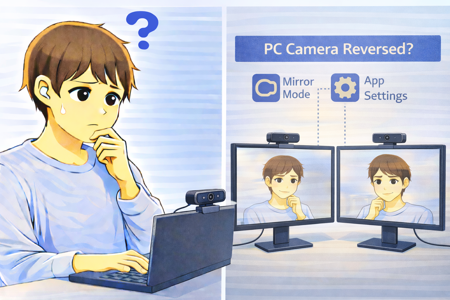 PCカメラの映像が左右反転して表示され、ミラー表示やアプリ設定の影響を考えている男性のイラスト