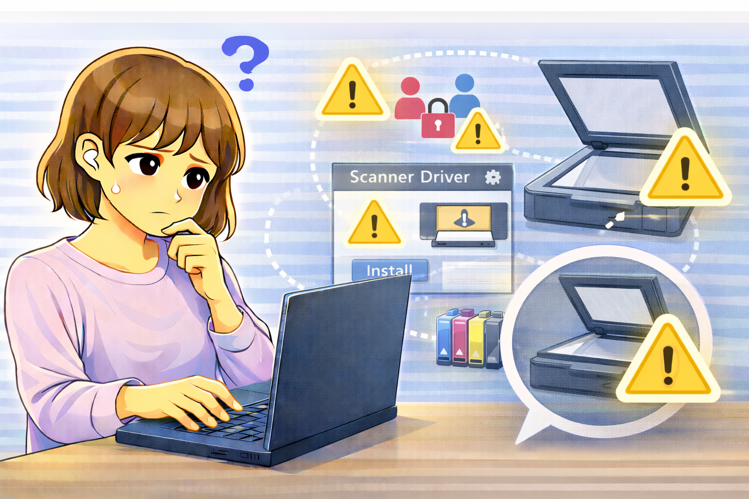 スキャナーで読み取りができず、パソコン画面のドライバー設定や権限状態を確認している女性を描いたイラスト