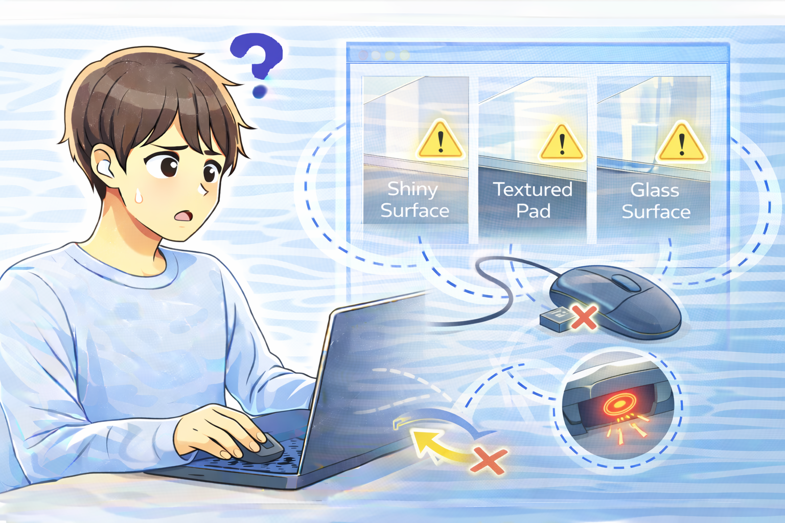 机やマウスパッドの場所によってマウスの反応が変わる状況を確認している人物と、設置面やセンサー特性の違いを示す画面イメージ