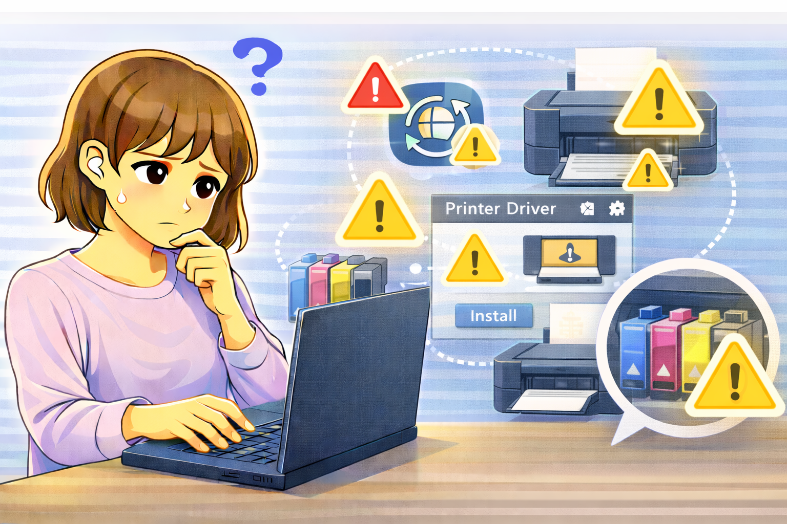 Windowsアップデート後に印刷できなくなり、パソコン画面とプリンタードライバーの状態を確認している女性を描いたイラスト