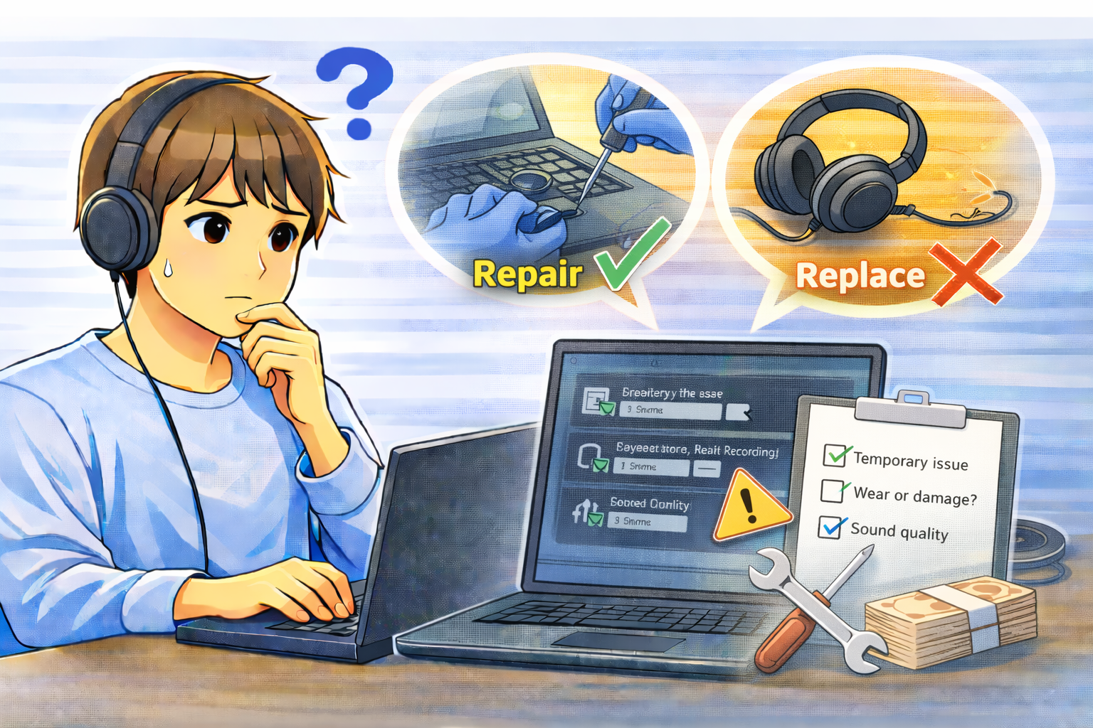 オーディオの不調について修理か買い替えかを検討している様子