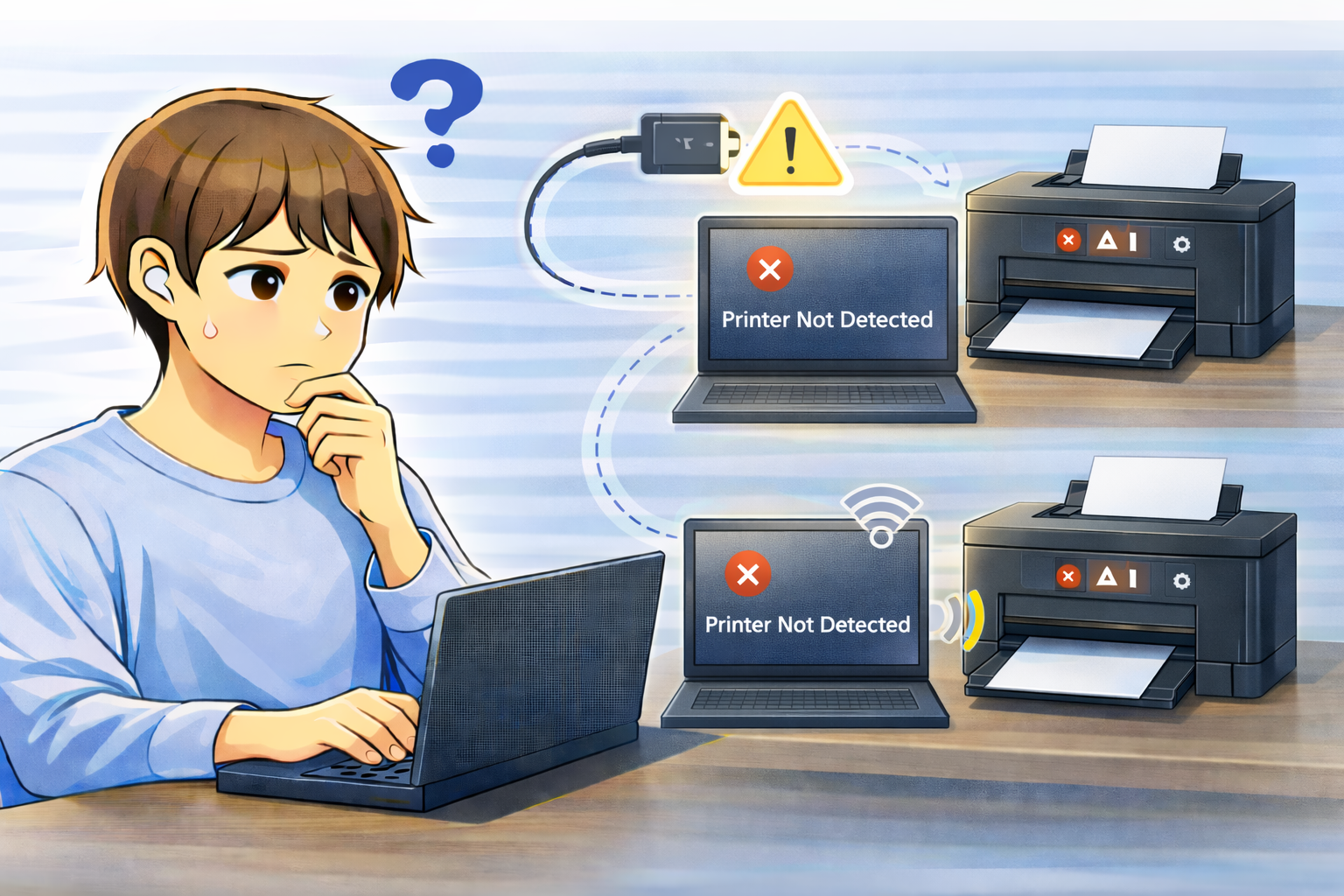 パソコンがプリンターを認識せず、USB接続や無線接続の状態を確認している様子