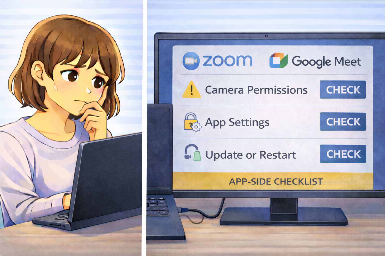 ZoomやGoogle Meetでカメラ映像が表示されず、アプリ側の設定や権限を確認している様子のイラスト