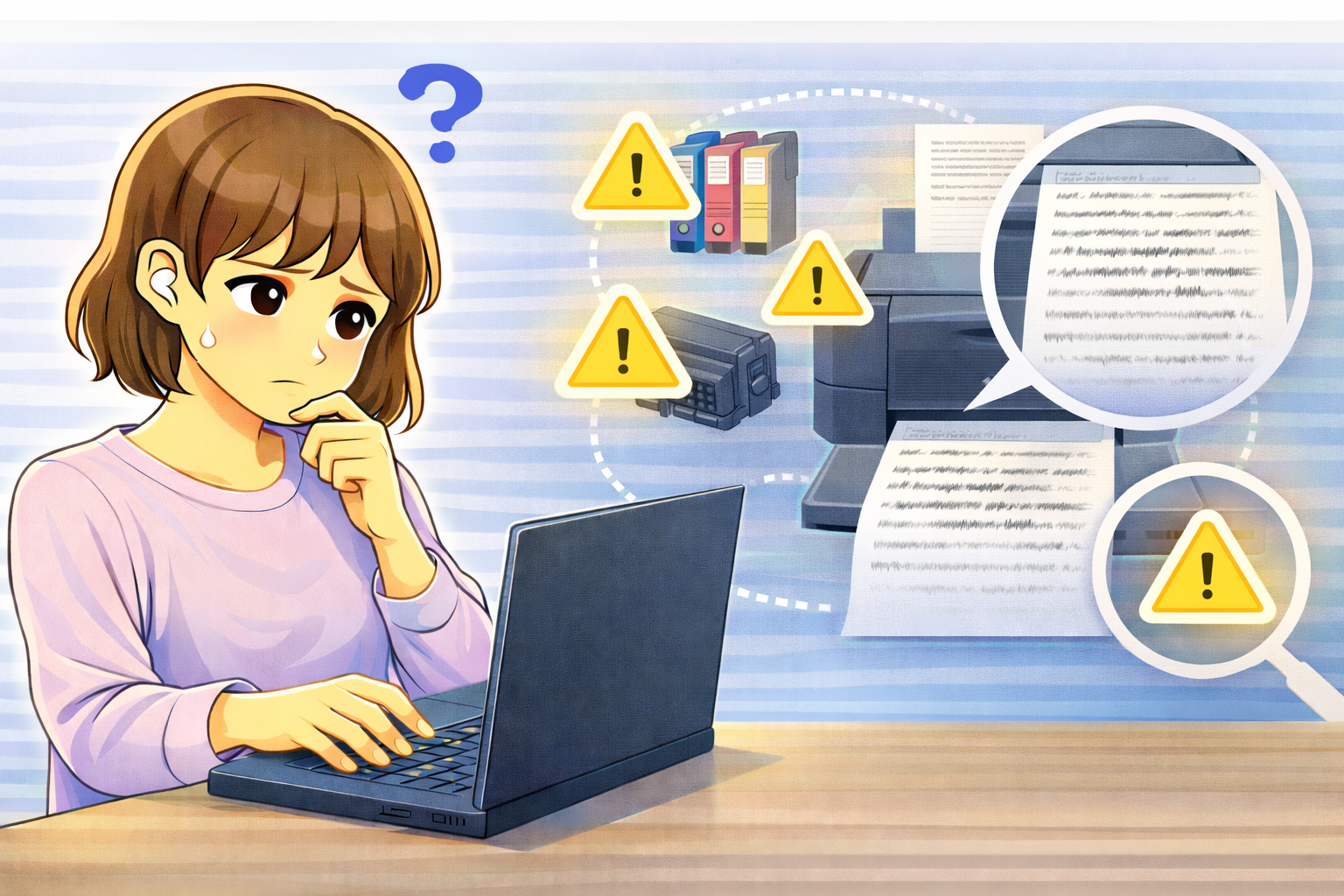 印刷した書類の文字がかすれて読みづらく、プリンターと印刷結果を確認しながら原因を考えている女性を描いたイラスト