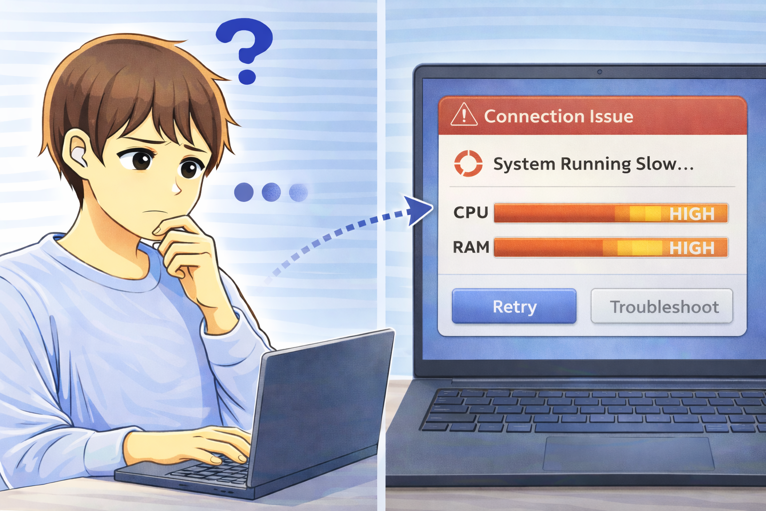 ネットワーク接続時にPCの動作が重くなり、エラー再試行と高いCPU・メモリ使用率が表示されている状態