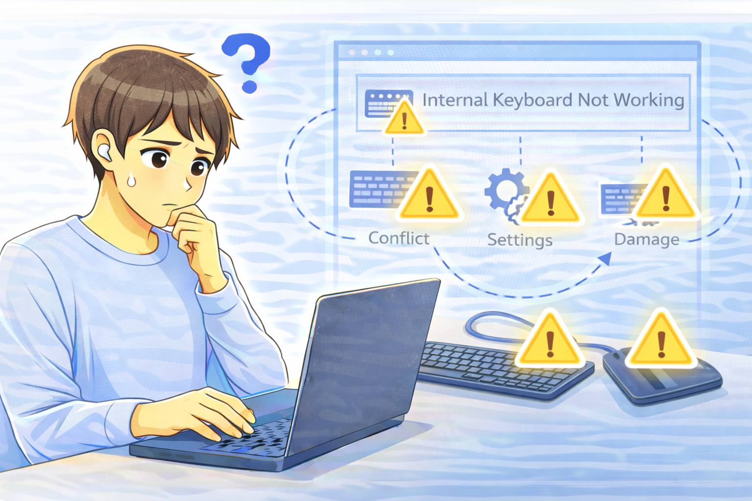 ノートパソコンの内蔵キーボードが反応しない原因を確認している男性のイラスト