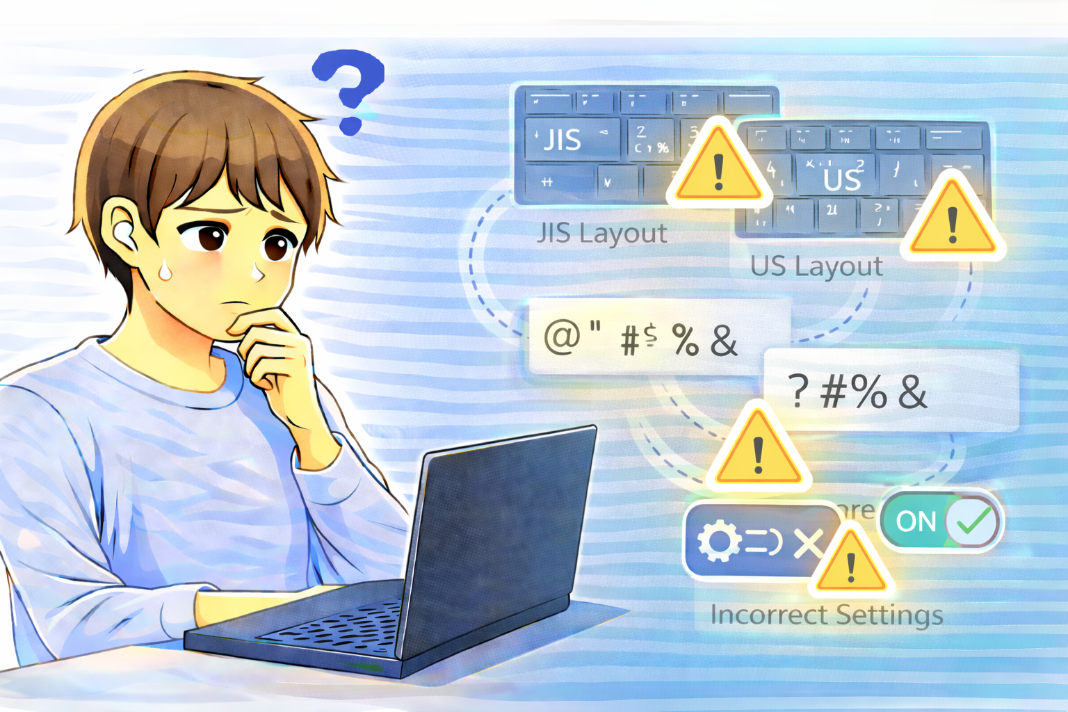 記号入力が意図した通りに表示されず、JIS配列とUS配列の違いや設定状態を確認しながら考えている男性がノートパソコンを操作している様子