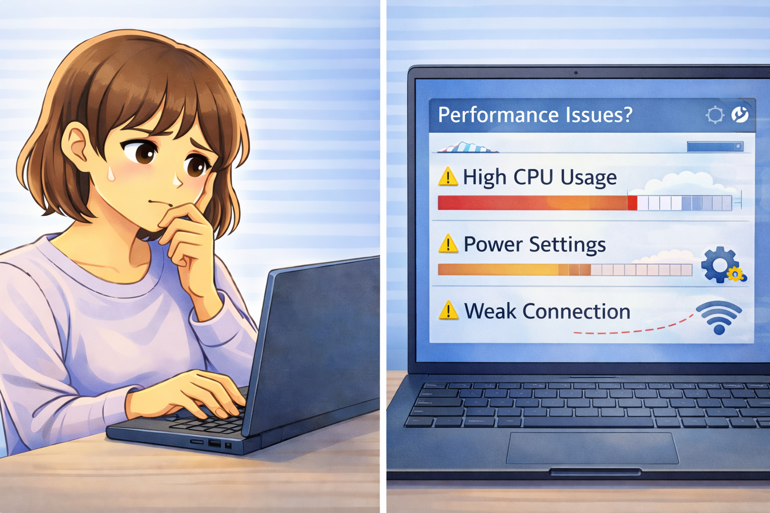 パソコン操作中に画面の動作が重くなり、負荷や設定、接続状態を確認している様子のイラスト