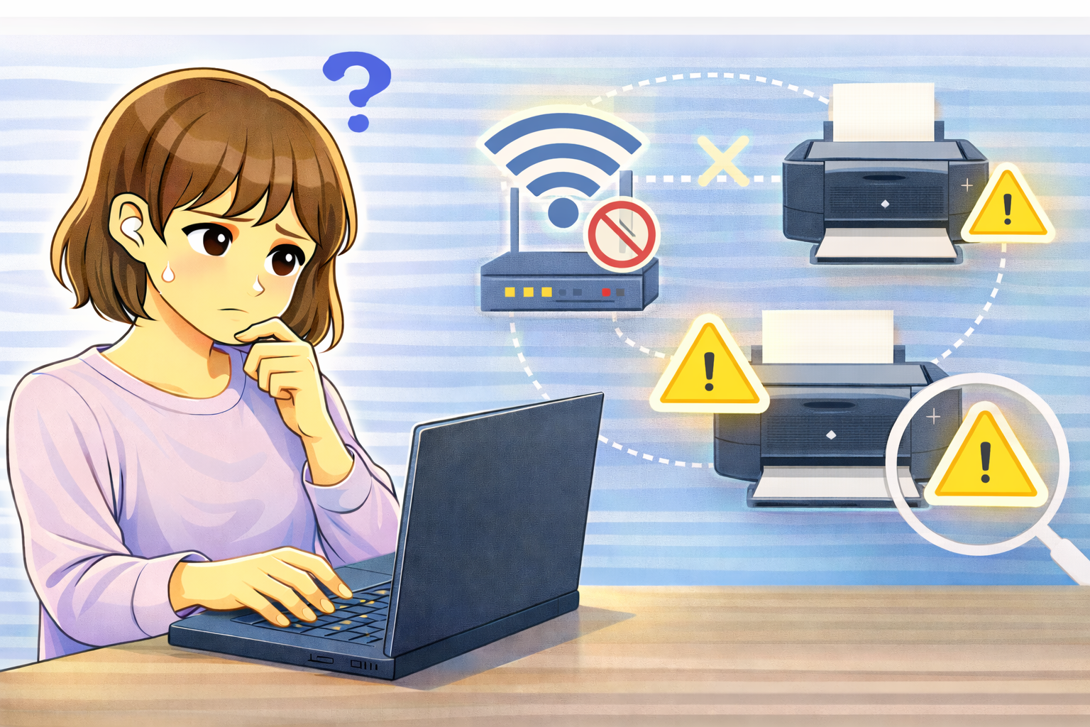 無線プリンターがWi-Fiに接続できず、パソコン画面とルーター、プリンターの接続状態を確認している女性を描いたイラスト